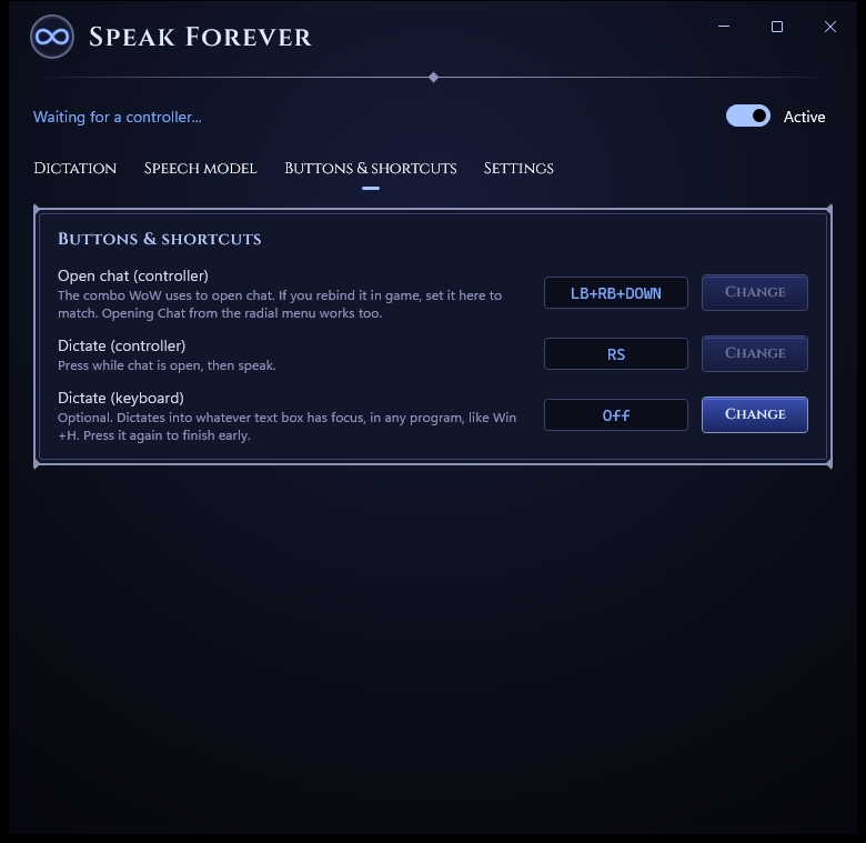 The Buttons and shortcuts tab: open chat is LB+RB+DOWN, dictate is RS, and an optional keyboard shortcut.