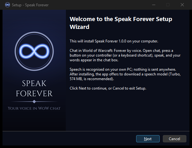 The Speak Forever setup wizard's welcome page, with the glowing infinity logo.