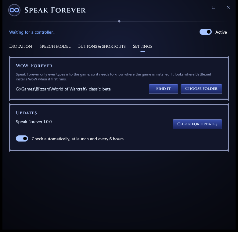 The Settings tab: the WoW: Forever install folder with Find it and Choose folder buttons, and update checks.